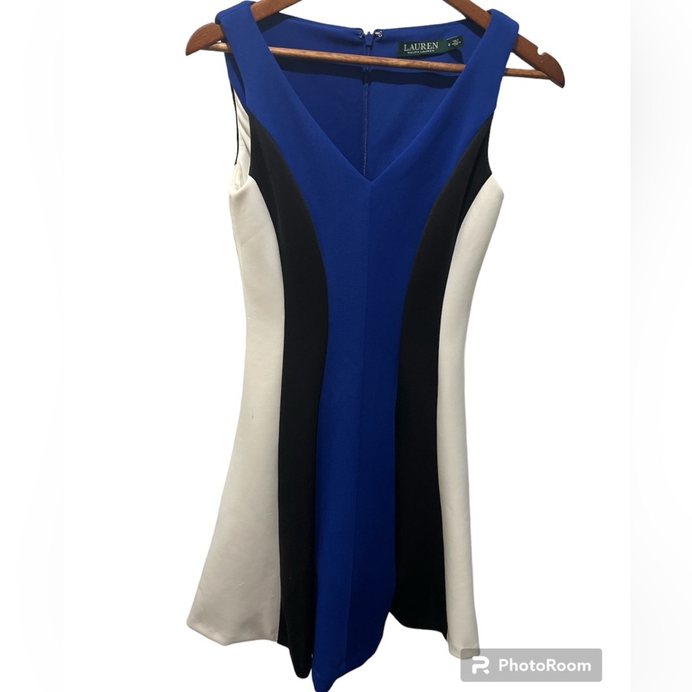 LAUREN RALPH LAUREN SCUBA KNIT STRIPED COLOR BLOCK SLEEVELESS FIT & FLARE DRESS
